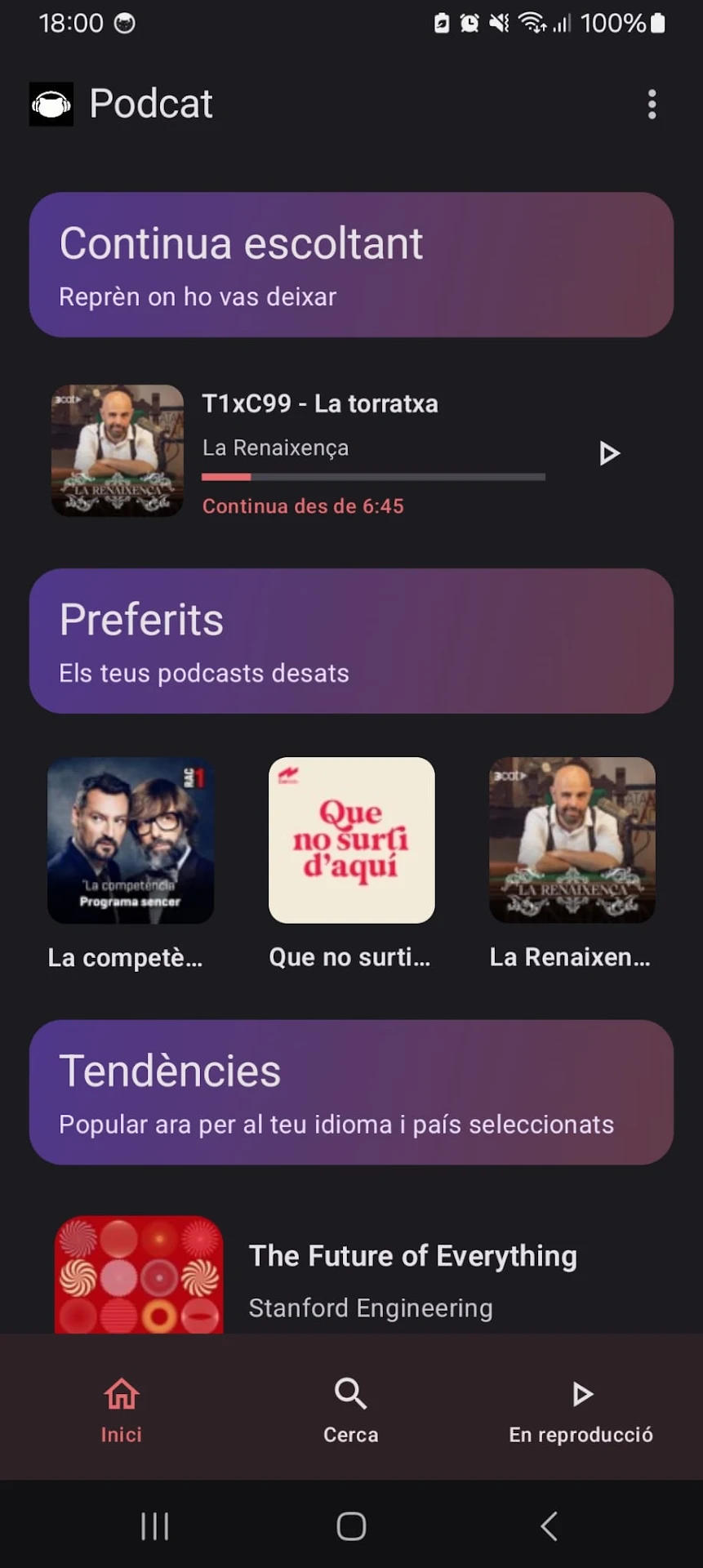 Podcat Home screen with continue listening, favorites, and trends