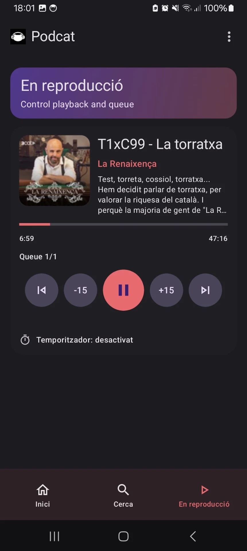 Podcat player screen with playback controls
